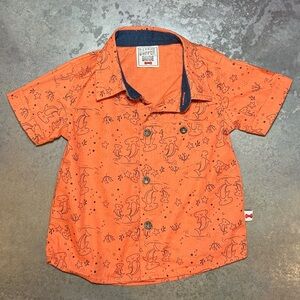 Dapper Dude Shark Print Button Up Shirt 18M Orange Short Sleeve Baby Boy